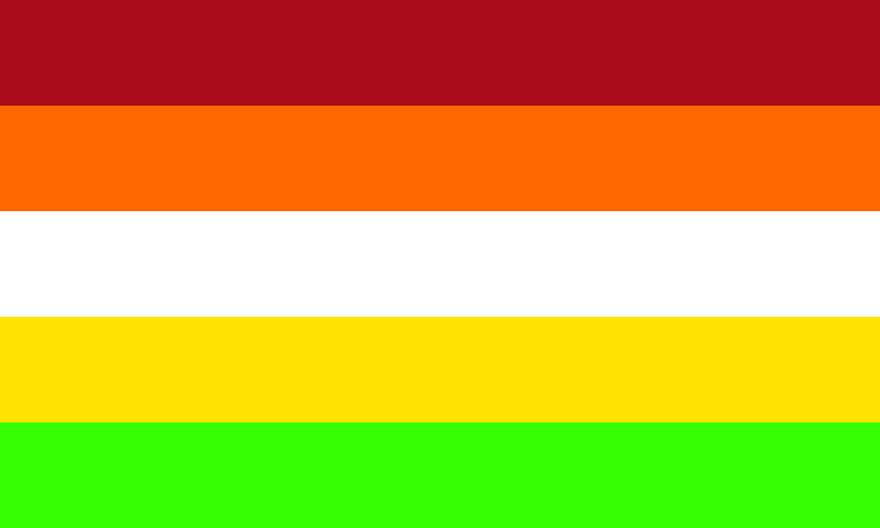 a flag with five horizontal stripes. from top to bottom, the
	colors are fire engine red, safety orange, white, warning sign yellow, and
	hi-vis green.